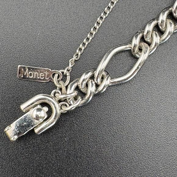 Signed Monet Vintage Silver Tone Curb Chain Link Charm Bracelet 7.5" - Picture 3 of 5
